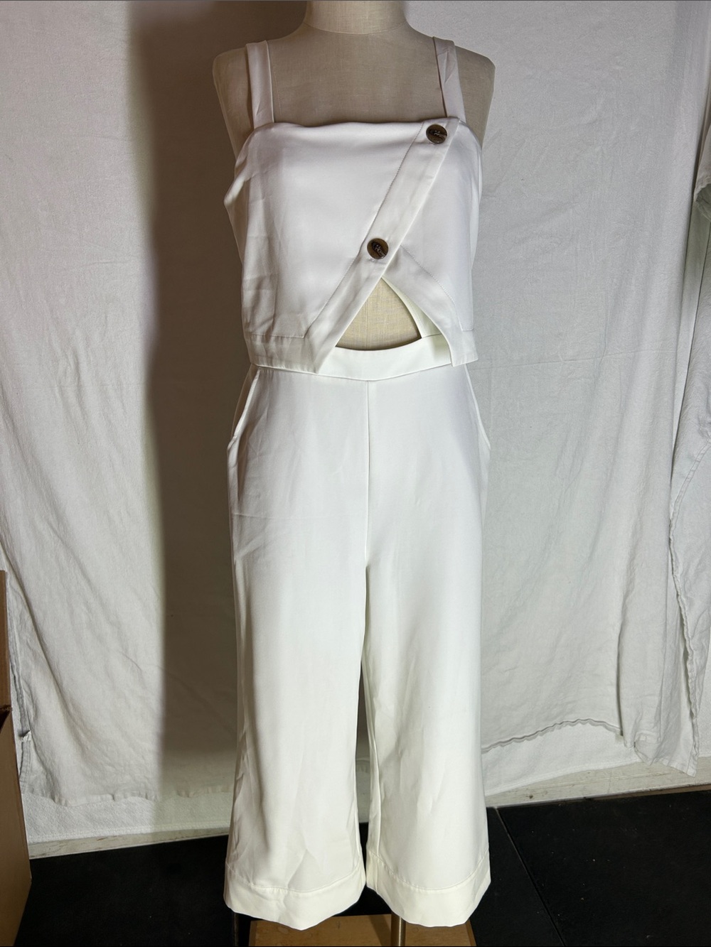 Express White Button-Accent Cropped Jumpsuit